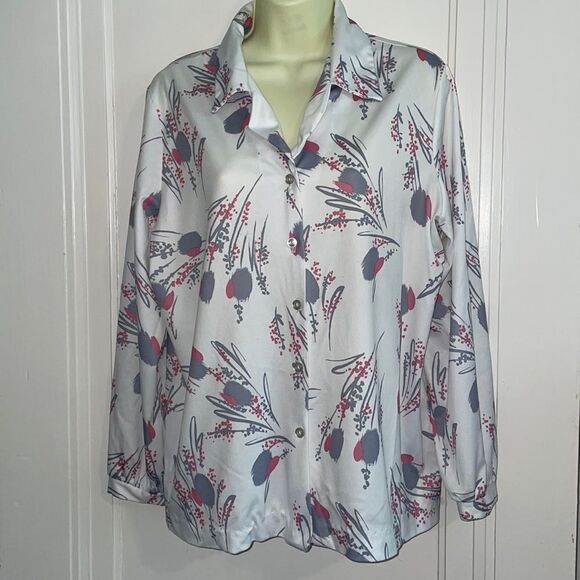 Vtg 70s knit polyester shirt with gray & pink print - Picture 1 of 8
